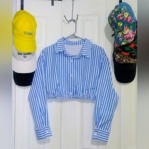 Blue & White Striped Cropped Button-Up Shirt
